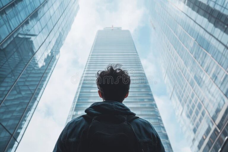 une personne regardant un grand batiment